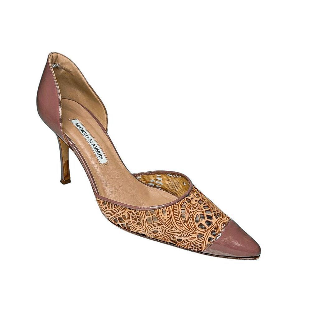 Manolo Blahnik Flesh Patent Laser Cut D'Orsay Pump 3.5" Heel Pointed Toe EU 39.5